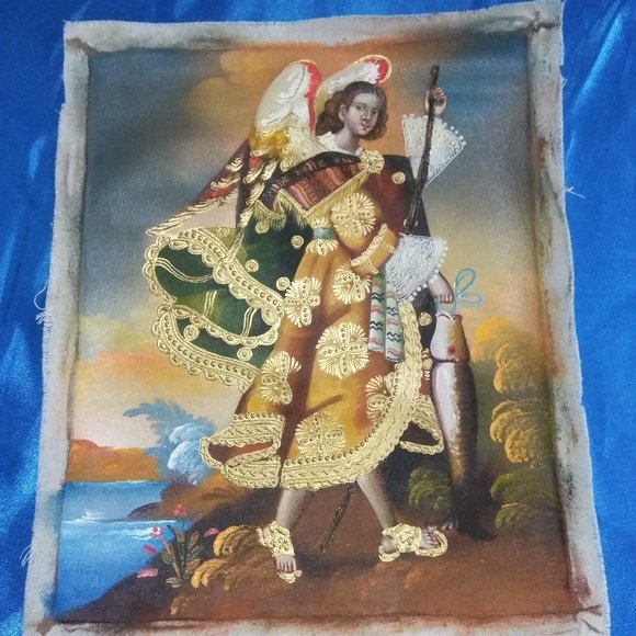 Peruvian painting on oil canvas angel Rafael Salud